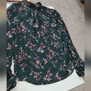 Womens Hunter Green Floral Blouse Size Large Semi Sheer High Neck Modest